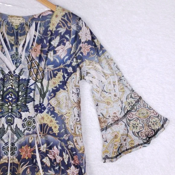 Energie 2X Boho Tunic Top Multicolor Bell Sleeve Floral Print Blouse - Picture 3 of 9